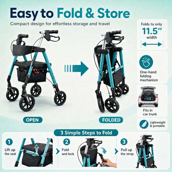 Ultra-Light weight Rollators with Seat, Walkers with 4 Wheels Front wheel with spring Shock absorber  , Folding Rolling Walker for Seniors, 15 Pounds,  Seat Height from 18-20 -22 inch,front caster with spring for release impact force.