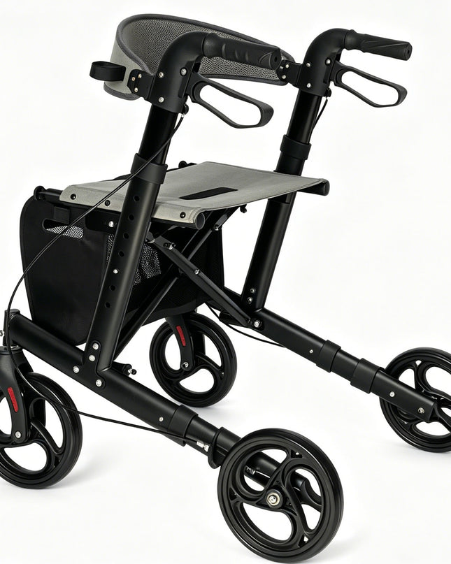 Aluminum rollator walker with comfortable seat，super light， folded from left to right.10 inch Aro-005 black caster, 2 in 1 brake