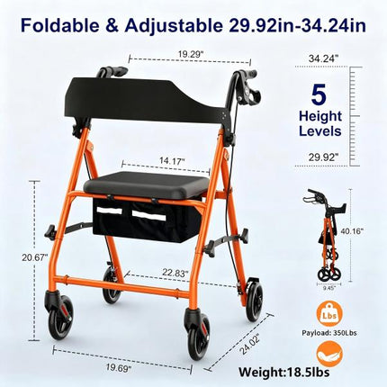 Rollator Walkers for Seniors with Seat, 15.5 Lbs Ultra Lightweight Foldable Rolling Walker, 300LBbs , 6" All Terrain Wheels, Dual Adjustable Height,orange Aro-003  can ship form USA stock