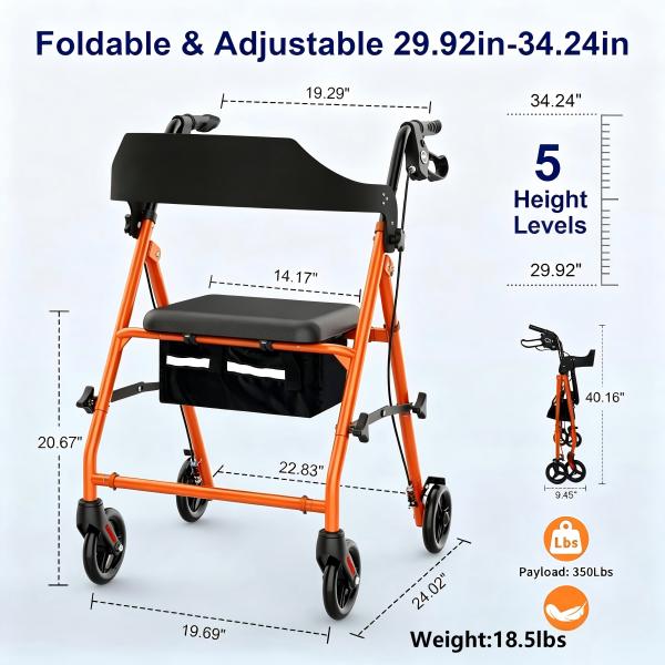 Rollator Walkers for Seniors with Seat, 15.5 Lbs Ultra Lightweight Foldable Rolling Walker, 300LBbs , 6" All Terrain Wheels, Dual Adjustable Height,orange Aro-003  can ship form USA stock