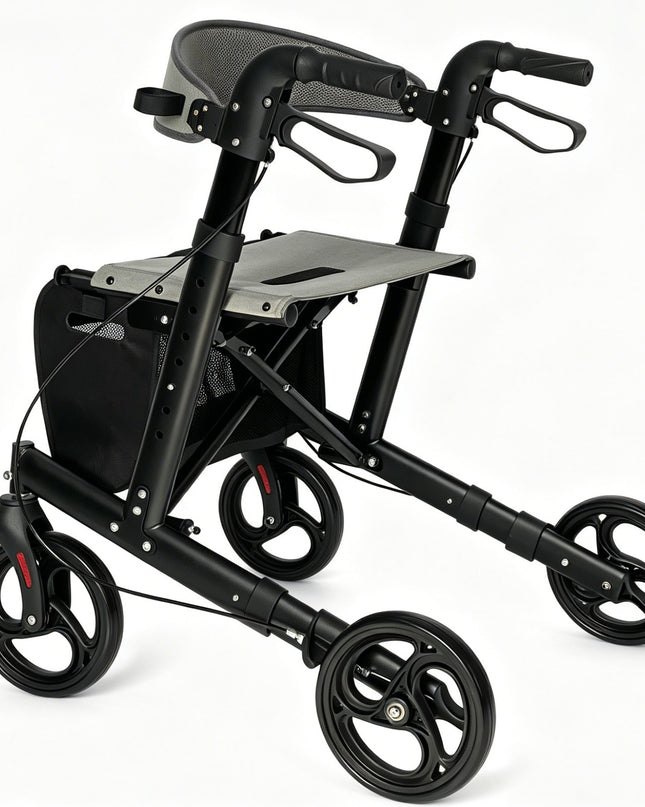 Aluminum rollator walker with comfortable seat，super light， folded from left to right.10 inch Aro-005 black caster, 2 in 1 brake