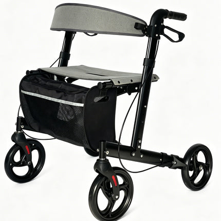 Aluminum rollator walker with comfortable seat，super light， folded from left to right.10 inch Aro-005 black caster, 2 in 1 brake