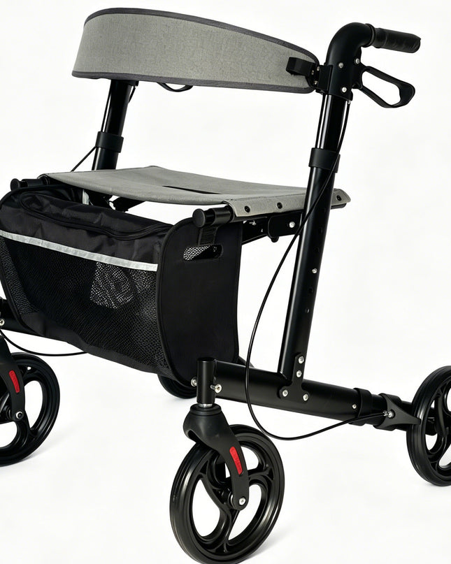 Aluminum rollator walker with comfortable seat，super light， folded from left to right.10 inch Aro-005 black caster, 2 in 1 brake