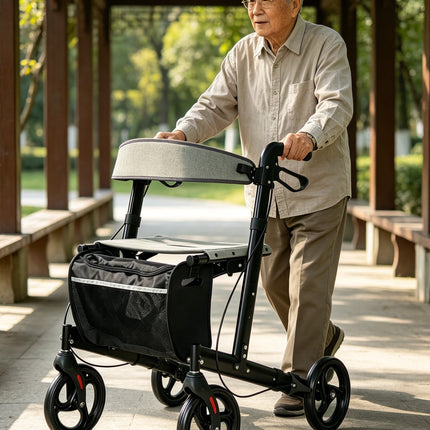 Aluminum rollator walker with comfortable seat，super light， folded from left to right.10 inch Aro-005 black caster, 2 in 1 brake