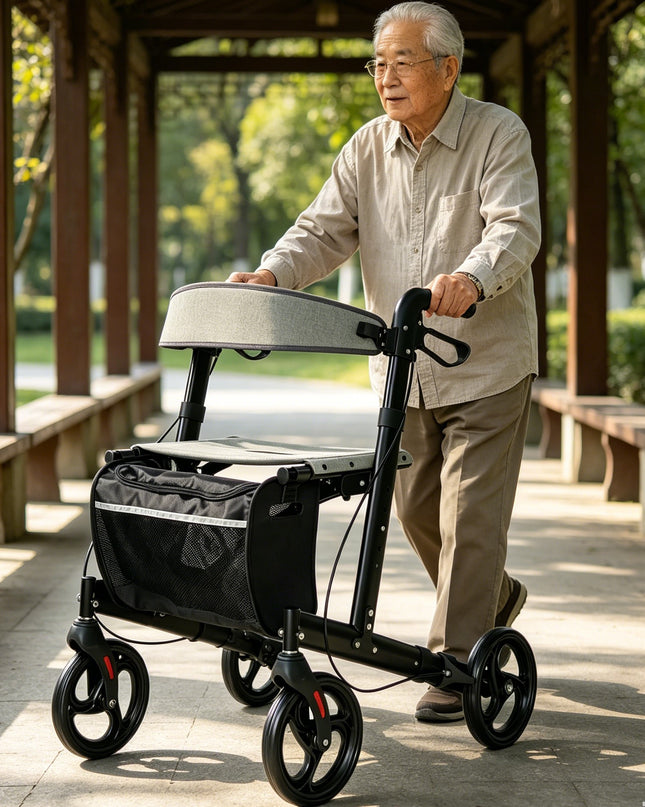 Aluminum rollator walker with comfortable seat，super light， folded from left to right.10 inch Aro-005 black caster, 2 in 1 brake