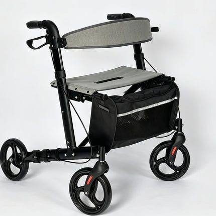 Aluminum rollator walker with comfortable seat，super light， folded from left to right.10 inch Aro-005 black caster, 2 in 1 brake
