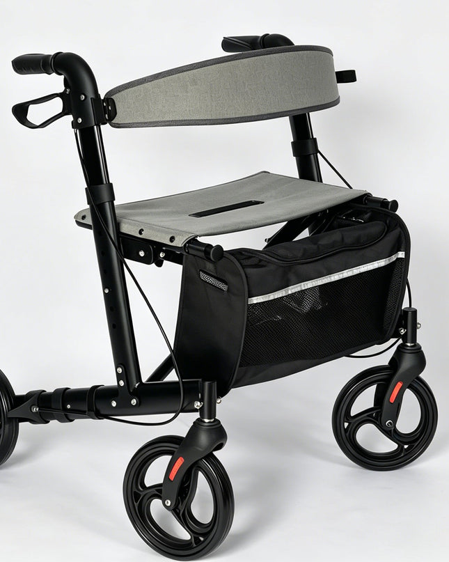 Aluminum rollator walker with comfortable seat，super light， folded from left to right.10 inch Aro-005 black caster, 2 in 1 brake