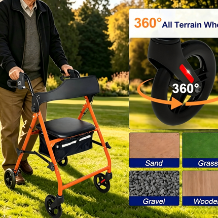 Rollator Walkers for Seniors with Seat, 15.5 Lbs Ultra Lightweight Foldable Rolling Walker, 300LBbs , 6" All Terrain Wheels, Dual Adjustable Height,orange Aro-003  can ship form USA stock
