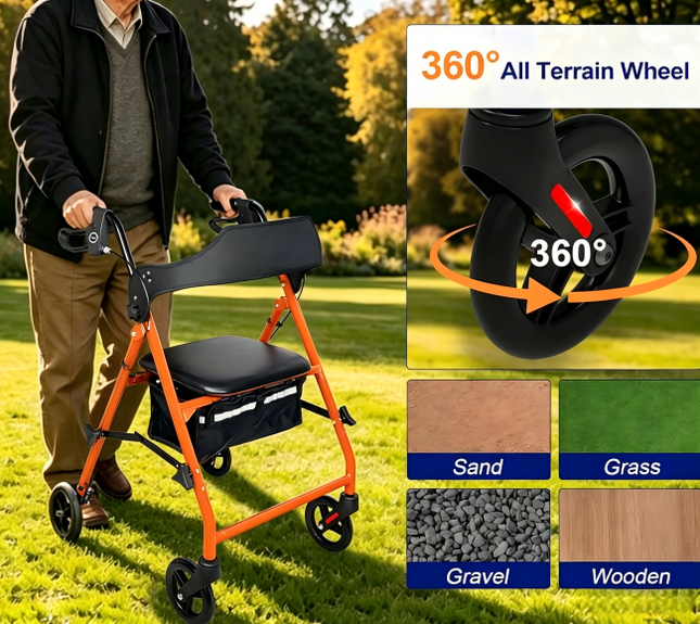 Rollator Walkers for Seniors with Seat, 15.5 Lbs Ultra Lightweight Foldable Rolling Walker, 300LBbs , 6" All Terrain Wheels, Dual Adjustable Height,orange Aro-003  can ship form USA stock