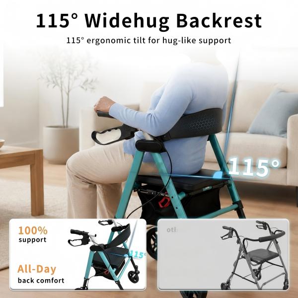Ultra-Light weight Rollators with Seat, Walkers with 4 Wheels Front wheel with spring Shock absorber  , Folding Rolling Walker for Seniors, 15 Pounds,  Seat Height from 18-20 -22 inch,front caster with spring for release impact force.