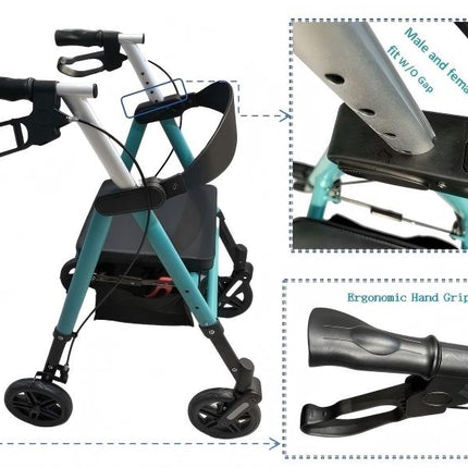 Ultra-Light weight Rollators with Seat, Walkers with 4 Wheels Front wheel with spring Shock absorber  , Folding Rolling Walker for Seniors, 15 Pounds,  Seat Height from 18-20 -22 inch,front caster with spring for release impact force.