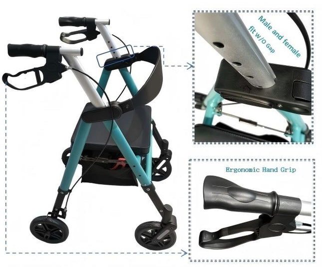 Ultra-Light weight Rollators with Seat, Walkers with 4 Wheels Front wheel with spring Shock absorber  , Folding Rolling Walker for Seniors, 15 Pounds,  Seat Height from 18-20 -22 inch,front caster with spring for release impact force.